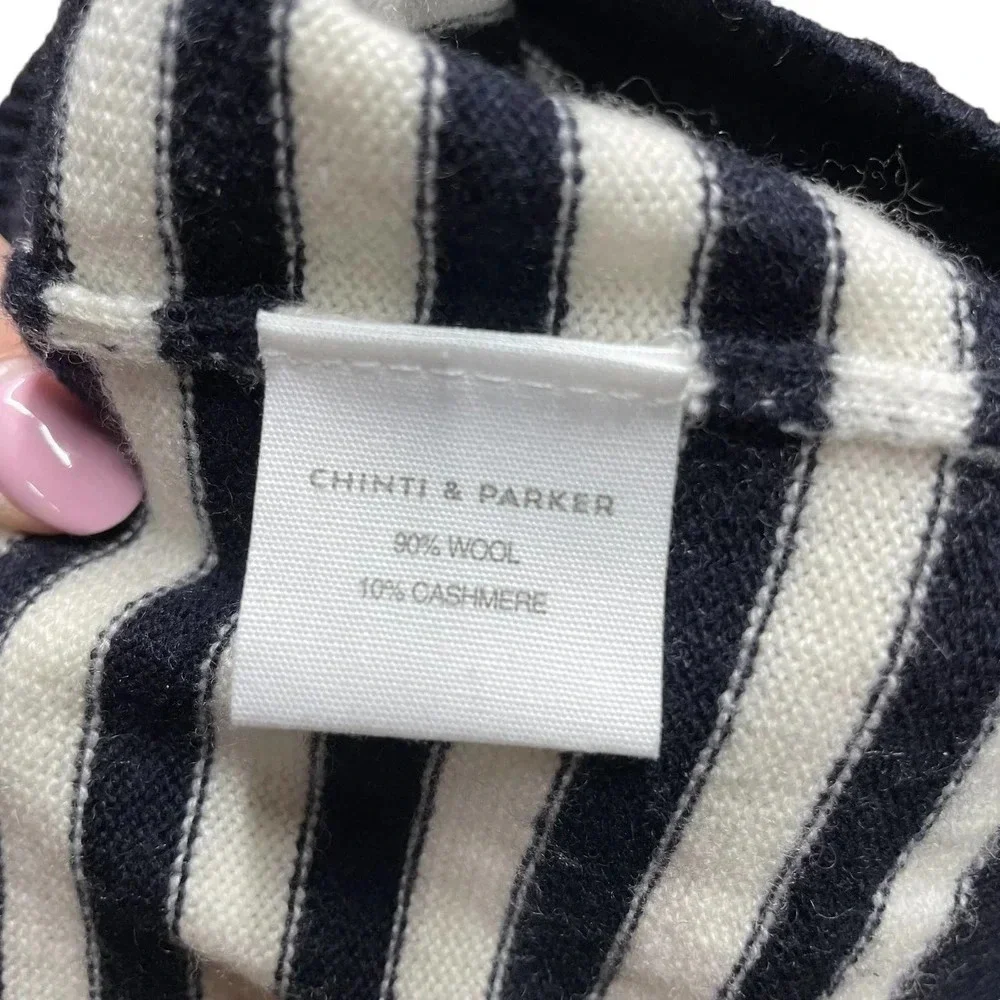 Chinti & Parker Navy Blue Cream‎ Stripe V-Neck Wool Cashmere Sweater Size Medium
